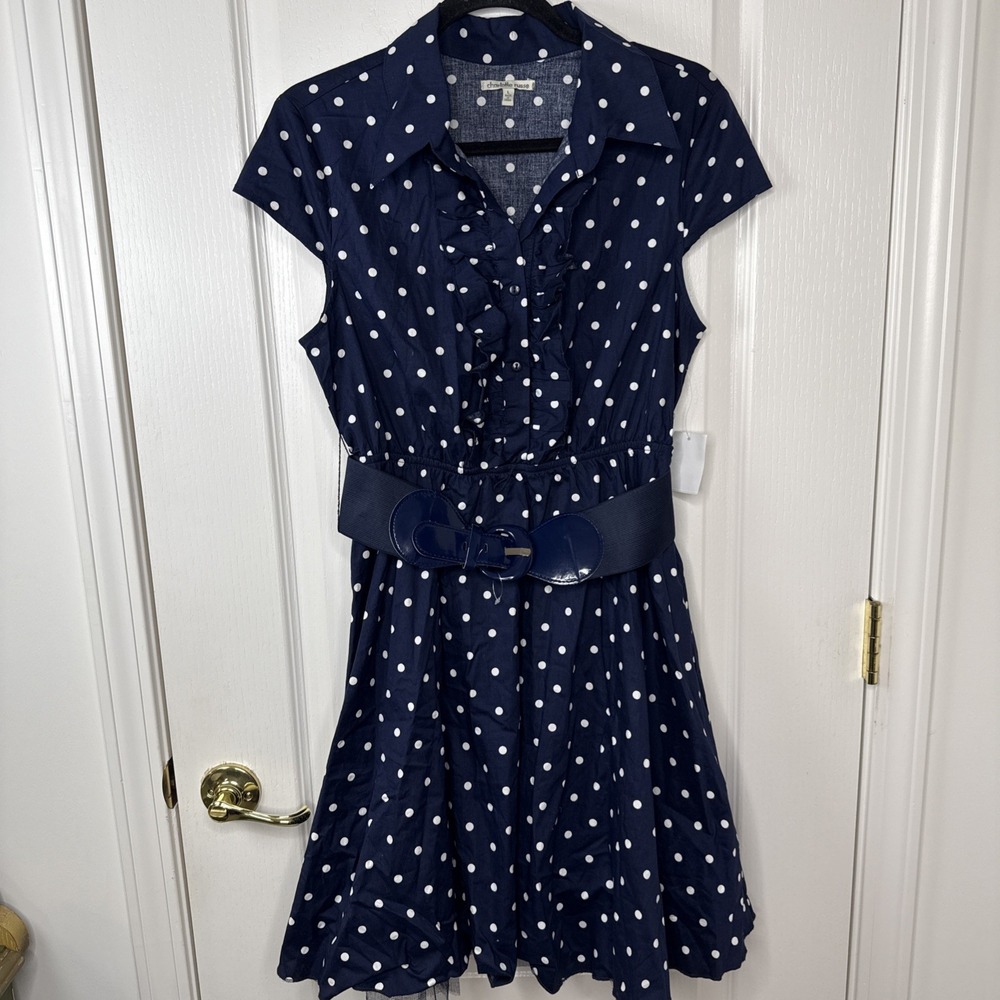 NWT Charlotte Russe Womens L Navy Polka Dot Fit Flare Dress Bow Belt